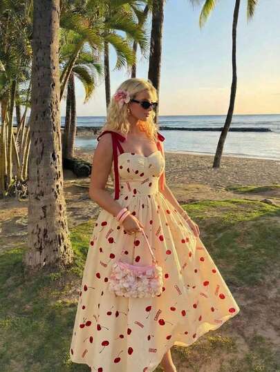 SHEIN MOD Vestido paraguas amarillo de cuello halter talla grande, Vestido de longitud media con estampado de cerezas, Vestido paraguas romántico de vacaciones, Vestido con lazo rojo en contraste
