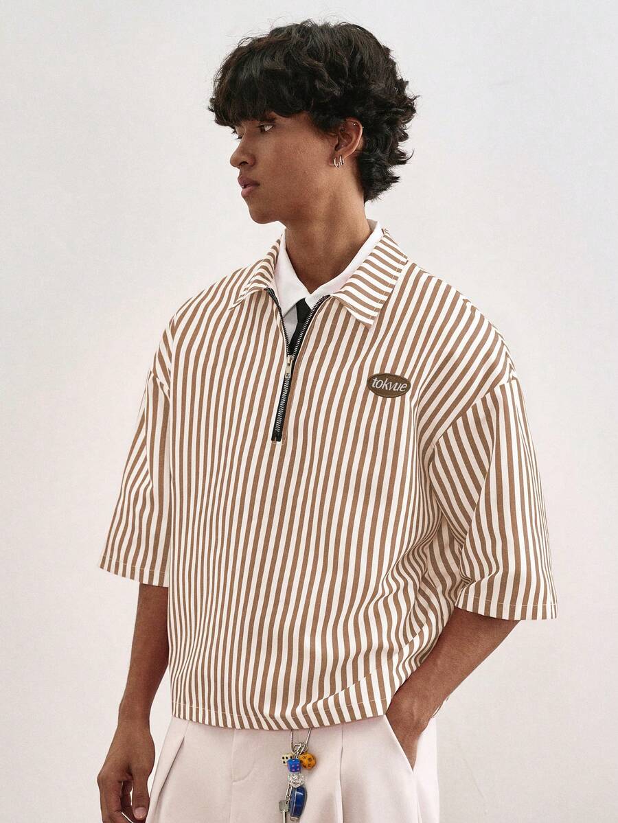 TOKVUE TOKUVE 男士休闲 Polo 衫，年轻时尚的拉链门襟 Polo 衫，简约休闲条纹面料，日常穿着，灵感源自 ，短袖翻领 T 恤/Polo 衫，适合音乐节、度假和日常穿搭，男士休闲衬衫，居家休闲，度假文化，可个性化定制，送给丈夫或男友的礼物 - 卡其色 - 查看 1