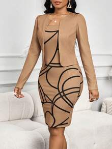 SHEIN Lady 两件套女士优雅通勤纯色上衣和撞色印花连衣裙套装 - 彩色 - 查看 3
