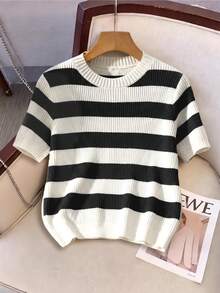 Franclia Women's Elegant Outdoor Outfit, Round Neck Striped Tie-Up Hollow-Out Knit Top, Early Spring - Black - View 4
