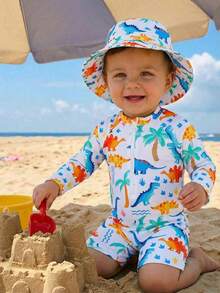 SHEIN Toddler Boys' Swimsuit, Cute Cartoon Dinosaur Print Long Sleeve One-Piece Swimwear With Sun Hat, Suitable For Summer Vacation, Beach, Surfing, Water Park Dinosaur Baby Clothes Baby One Piece Rash Guard With Hat Baby Swimwear With Hat Dinosaur 3 Pc Swimsuit And Swim Hat Cotton Beach Baby Boy Clothes - Multicolor - View 3