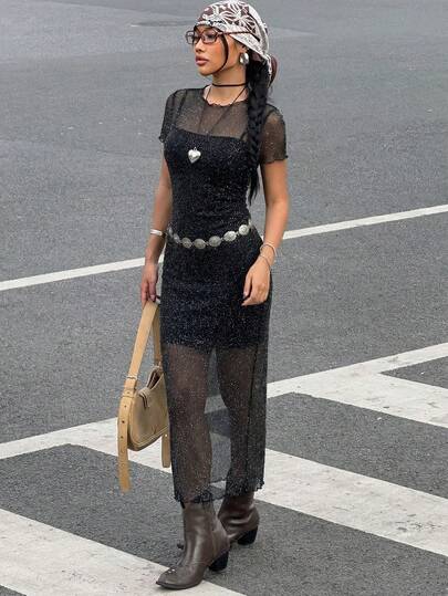 Muchica Muchic Black Glitter Mesh Music Festival Western Style Crew Neck Short Sleeve Fitted Knit Dress (With Lined Skirt)