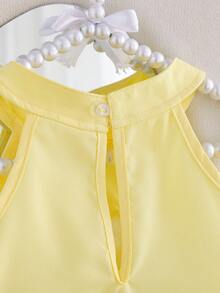 SHEIN Souflis 2件組幼兒女寶寶可愛夏季淡黃色3D花朵貼花背心上衣與喇叭裙生日套裝 - 黃色 - 查看 5