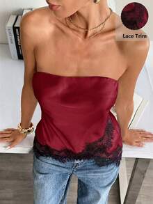 Matte Satin Lace Trim Bandeau Top,Summer Top Trending Outfit - Burgundy - View 7