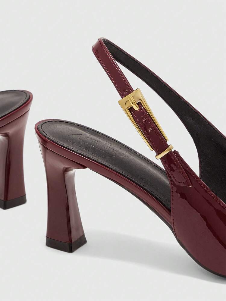CUCCOO BIZCHIC Women Shoes Women's High-Heeled Shoes Spring And Summer Dating Pointed Thick Heel 8cm Elegant Patent Leather Solid Color Versatile Workplace Daily Street Fashion Metal Buckle Back Strap Comfortable Low Vamp Women's Shoes