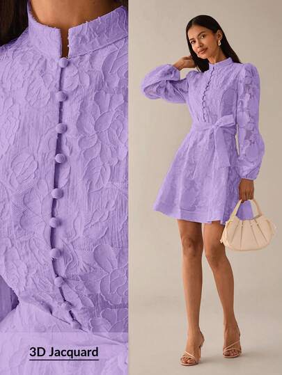 Lilora Đầm ngắn nữ cao cấp, thanh lịch, chất liệu jacquard mềm mại, cổ đứng, eo thắt, dáng chữ A rộng, cài cúc phía trước, tay phồng kiểu đèn lồng, thích hợp cho mùa xuân/hè. Đầm màu kem, phong cách Victoria cổ điển, phong cách Pháp, màu trắng ngà, phong cách thành thị.