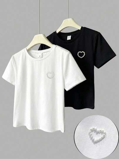 少女黑白针织圆领宽松心形图案串珠优雅百搭舒适两件套T恤，春夏款