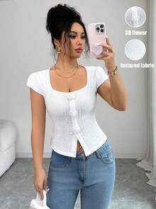 Elenzga Áo thun nữ cổ tròn tay ngắn dáng ôm, trang nhã, họa tiết hoa, thích hợp cho mùa xuân/hè. - trắng - Xem 1