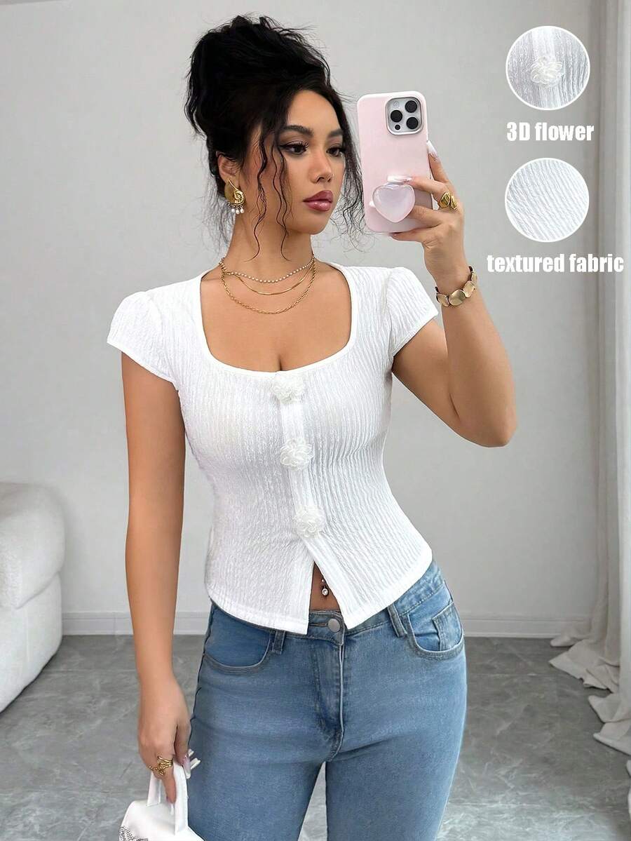 Elenzga Áo thun nữ cổ tròn tay ngắn dáng ôm, trang nhã, họa tiết hoa, thích hợp cho mùa xuân/hè. - trắng - Xem 1