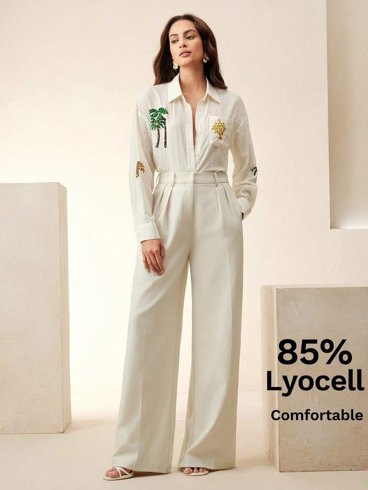 Women's Colorful Beaded Embroidered Coconut Tree Long Sleeve Striped Blouse, For Spring/Summer