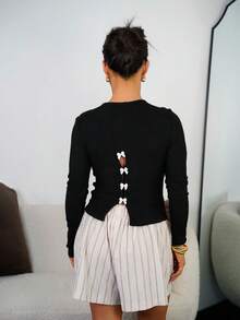 SAYEHFBABY 女士甜美休闲镂空蝴蝶结后背修身圆领黑色 T 恤，秋冬 - 黑色 - 查看 2