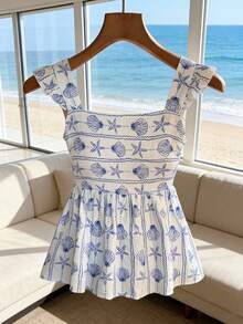 Pariaura Women's Cute White And Blue Starfish & Seashell Print Blouse,Summer Vacation Holiday Ruffle Trim Tie Back Peplum Top,Elegant Beach French Style Shirt - Blue - View 3