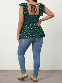 Enliva Camiseta sin mangas con cuello cuadrado, volantes en el bajo y cintura elástica con estampado floral pequeño para mujeres de talla grande y silueta redondeada - Verde - Ver 2