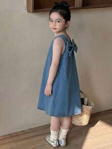 DAZY Đầm hè cho bé gái (trẻ nhỏ), đầm công chúa không tay thắt nơ, đầm denim cho trẻ em. - Màu xanh lam - Xem 6