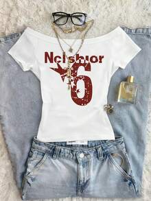 Rovax 女士休闲字母印花不对称领短袖T恤，夏季 - 彩色 - 查看 3