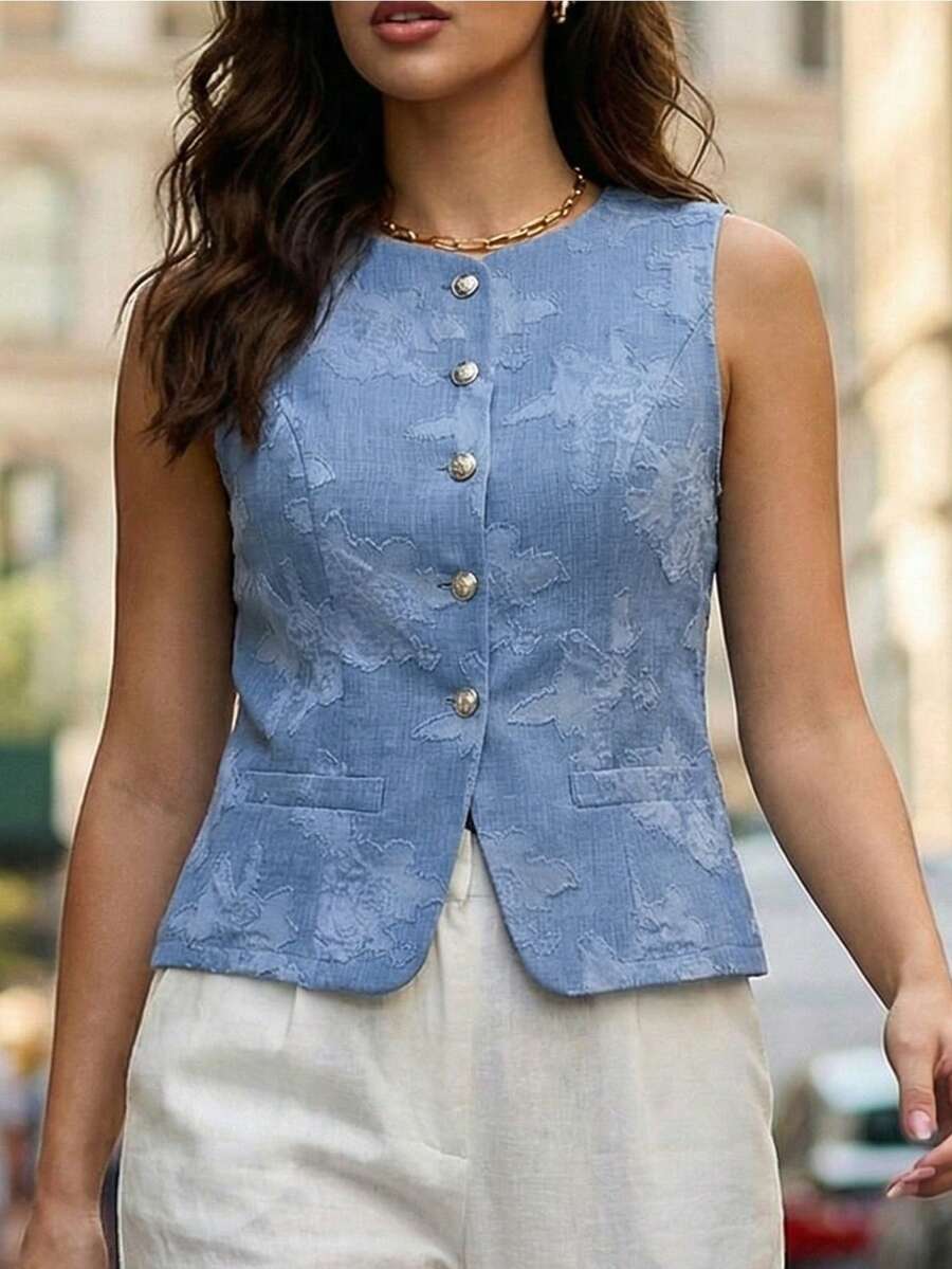GlowEve CURVE Plus Size Women's Early Spring Casual Light Blue Textured Fabric Faux Metal Buckle Vest - Blue - View 1