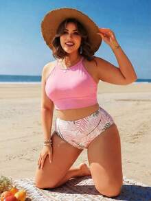 Swim Lushoire Plus Size Women 2pcs Random Print Tankini Swimsuit With Tummy Control, Beach Holiday - Baby Pink - View 4