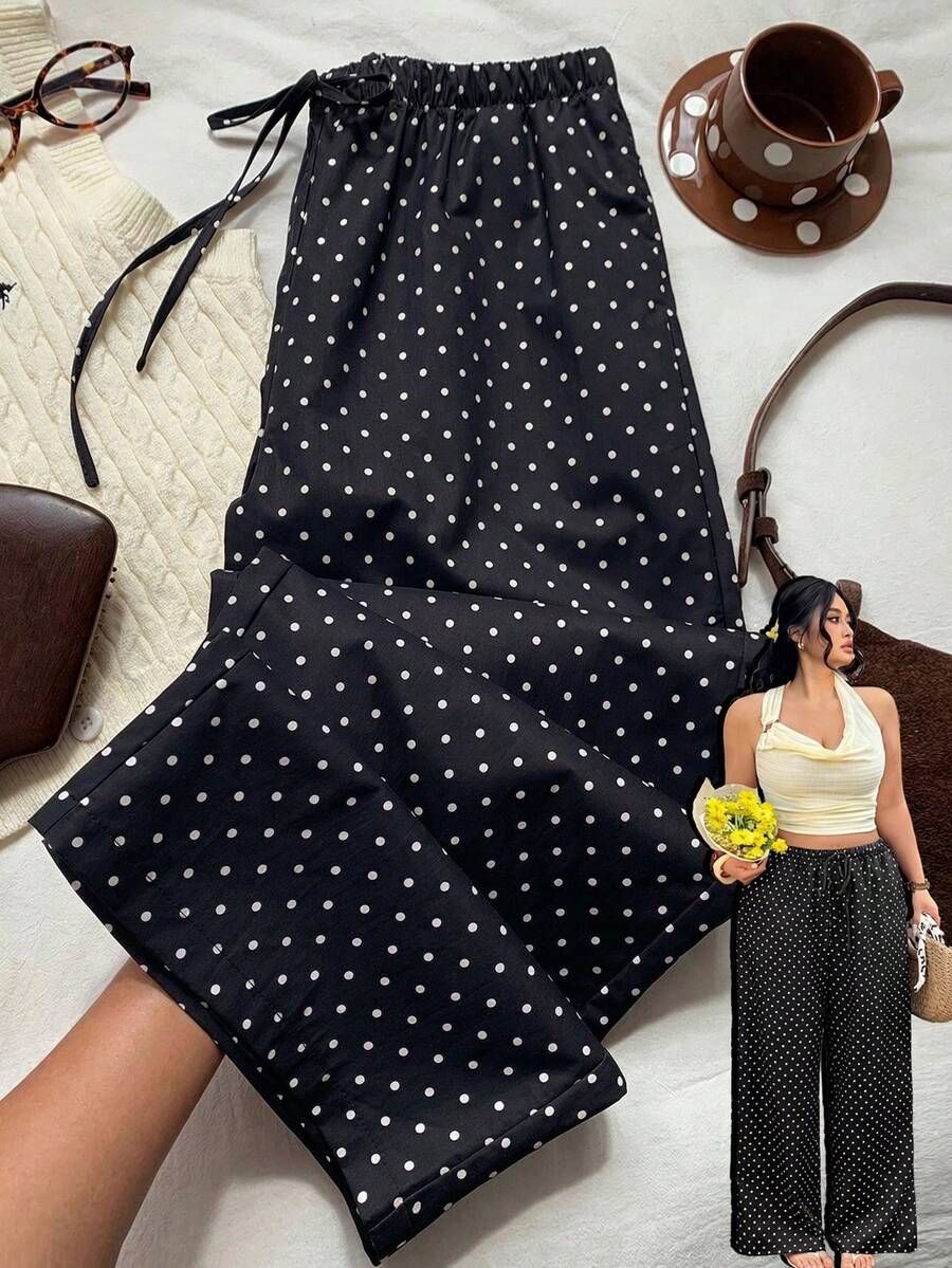 GalTyme Quần nữ cỡ lớn màu đen chấm bi thắt eo - màu đen - Xem 1