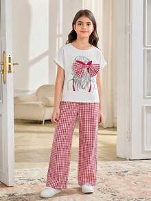 SHEIN Tween Girl Red And White Plaid Summer Cute Family Matching Outfit,Portrait Print Bow Decor Loose T-Shirt And Wide Leg Pants 2 Pieces Set For Vacation - Red - View 4