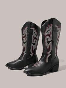 Styleloop Women's Mid-Calf Boots, Black, Bohemian Style, Retro American, Boho, Western Boots, Coachella Music Festival, Party Outfit - black and white color matching - View 2