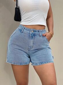 SHEIN PETITE 女士高腰口袋休闲百搭牛仔短裤 - 淺色水洗藍 - 查看 5