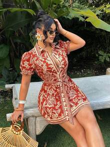 SHEIN SXY Đầm ngắn nữ họa tiết hoa, kiểu dáng thắt eo, thích hợp cho kỳ nghỉ, hẹn hò và đi chơi. - trái cam - Xem 5