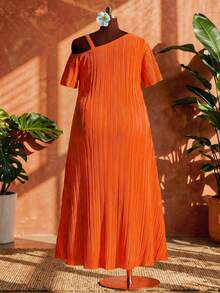 SHEIN CURVE+ Curve 尺码 US22 音乐节、海滨度假、波西米亚风新款不对称领金属纽扣装饰短袖纹理褶裥开衩连衣裙，女士夏季服装，女士吊带裙 - 橘色 - 查看 2