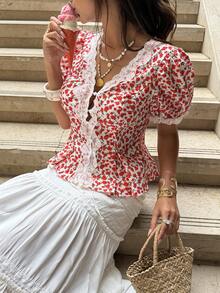 Pariaura Áo kiểu nữ mùa hè thanh lịch kiểu Pháp, cổ chữ V, tay phồng, thắt eo, họa tiết hoa đỏ, dáng casual, đa năng. - Đỏ - Xem 4