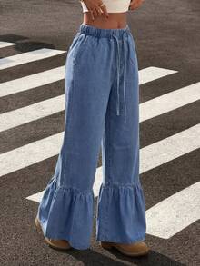 SHEIN ICON 女士阔腿抽绳牛仔裤 - 淺色水洗藍 - 查看 3