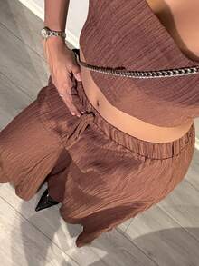 Natali Santanap New Spring/Summer Vacation Casual Fishbone Suspender Pants & Wide Leg Trousers With Pockets 2 Pieces Textured Fabric Set - B Tan Two Piece Set Linen Two Piece Set - Coffee Brown - View 3