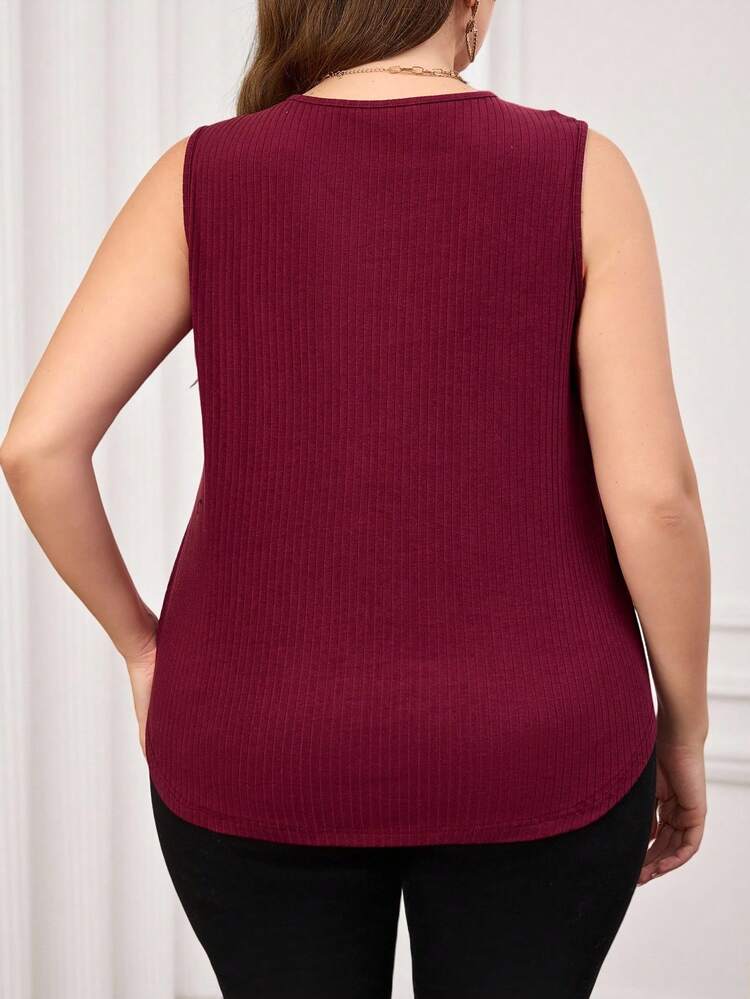 プラスサイズ レディース サマーカジュアル バケーション 通勤 無地 リブニット スクエアネック フォールドプリーツ ルーズタンクトップ、初春/バレンタインデー、春休み、女性のためのバレンタイン、女性のための休暇、女性のための休日、春の女性、外出、2026年新作、シンプルでファッショナブル、カジュアルエレガントなバレンタインデーパーティー、日常着、ワインレッドトップ、プラスサイズノースリーブトップ