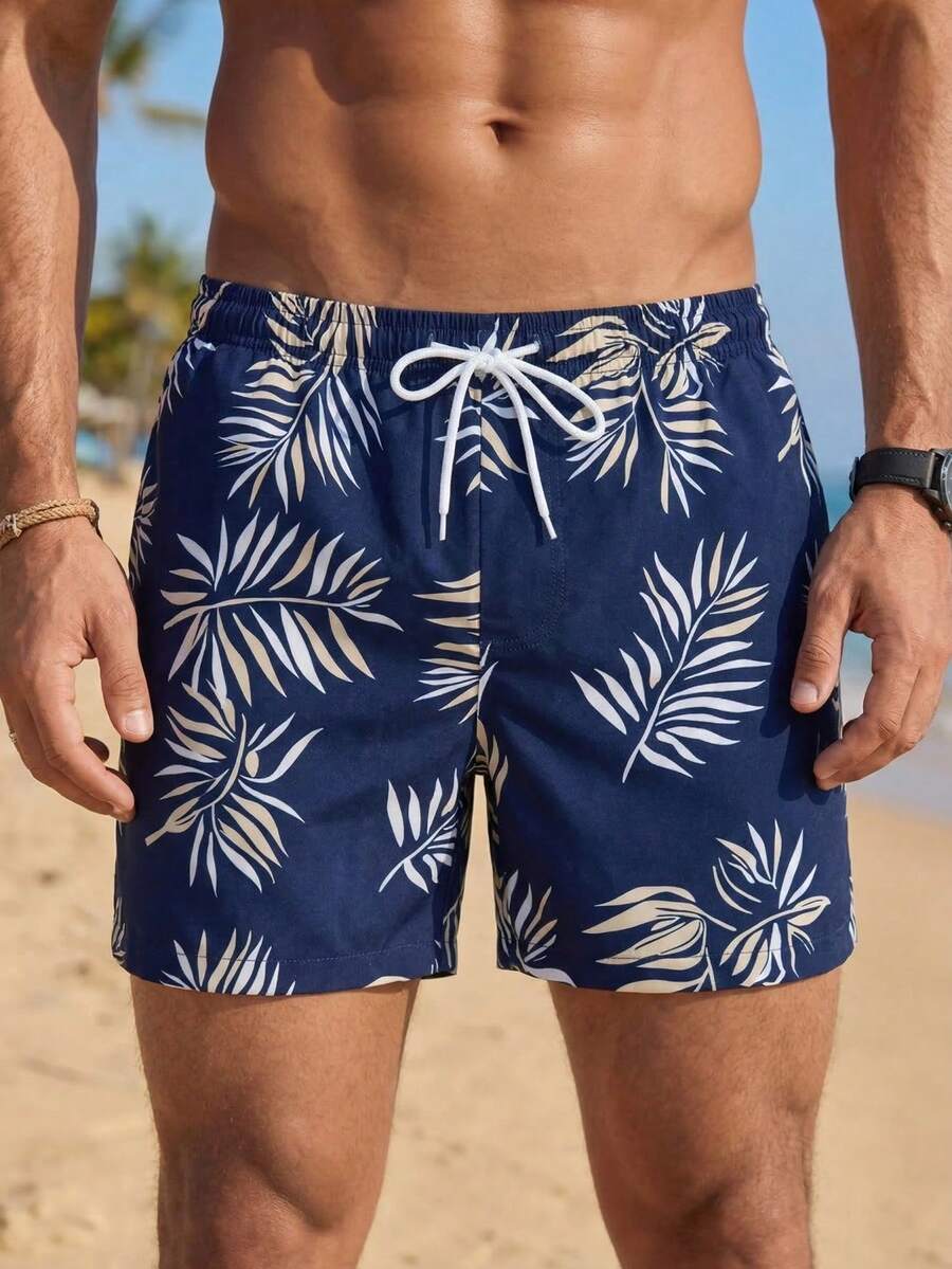 VIVINTIMO Men's Floral Print Drawstring Waist Beach Shorts Men Swim Trunks,Hawaiian - Navy Blue - View 1