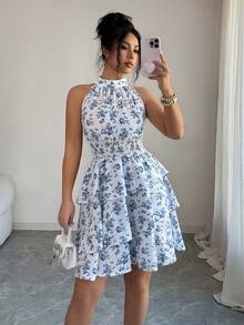 Selianne 女士休闲通勤度假下午茶派对蓝色碎花立领荷叶边无袖迷你连衣裙 女装 女士夏季连衣裙 女装 连衣裙 女士夏季套装 女士吊带裙 女装 女士夏季连衣裙 - 藍白色 - 查看 5