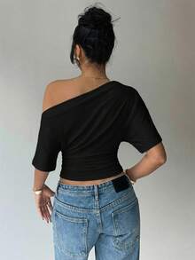 Aloruh Asymmetric Shoulder Loose Top With Cinched Waist, Minimalist Basic T-Shirt,Summer Top - Black - View 2