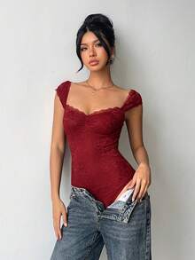 Aloruh 女士酒红色蕾丝连体衣 - 酒紅色 - 查看 5