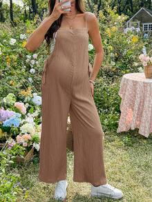 SHEIN Maternity Solid Color Minimalist Casual Jumpsuit - Khaki - View 3