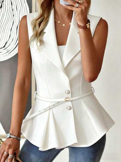 EMERY ROSE Women's Asymmetrical Hem Belted Elegant Blazer With Pearl Buttons