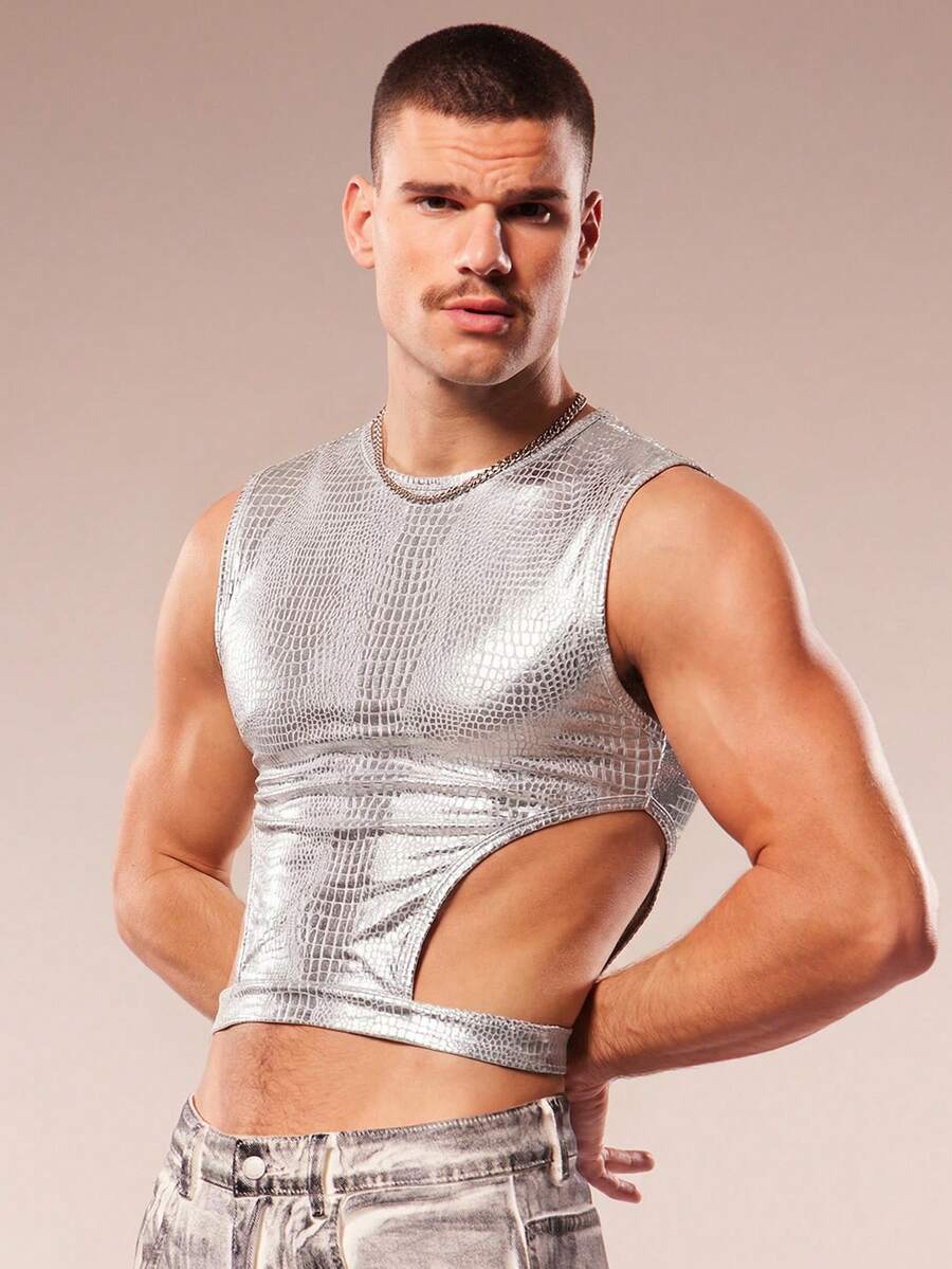 Men's Round Neck All-Over Print Hollow-Out Sexy Fashion Tank Top - Silver - View 1