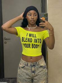 StreetHx Streetwear Women's Letter Print Off-Shoulder Short Sleeve T-Shirt - Yellow - View 7