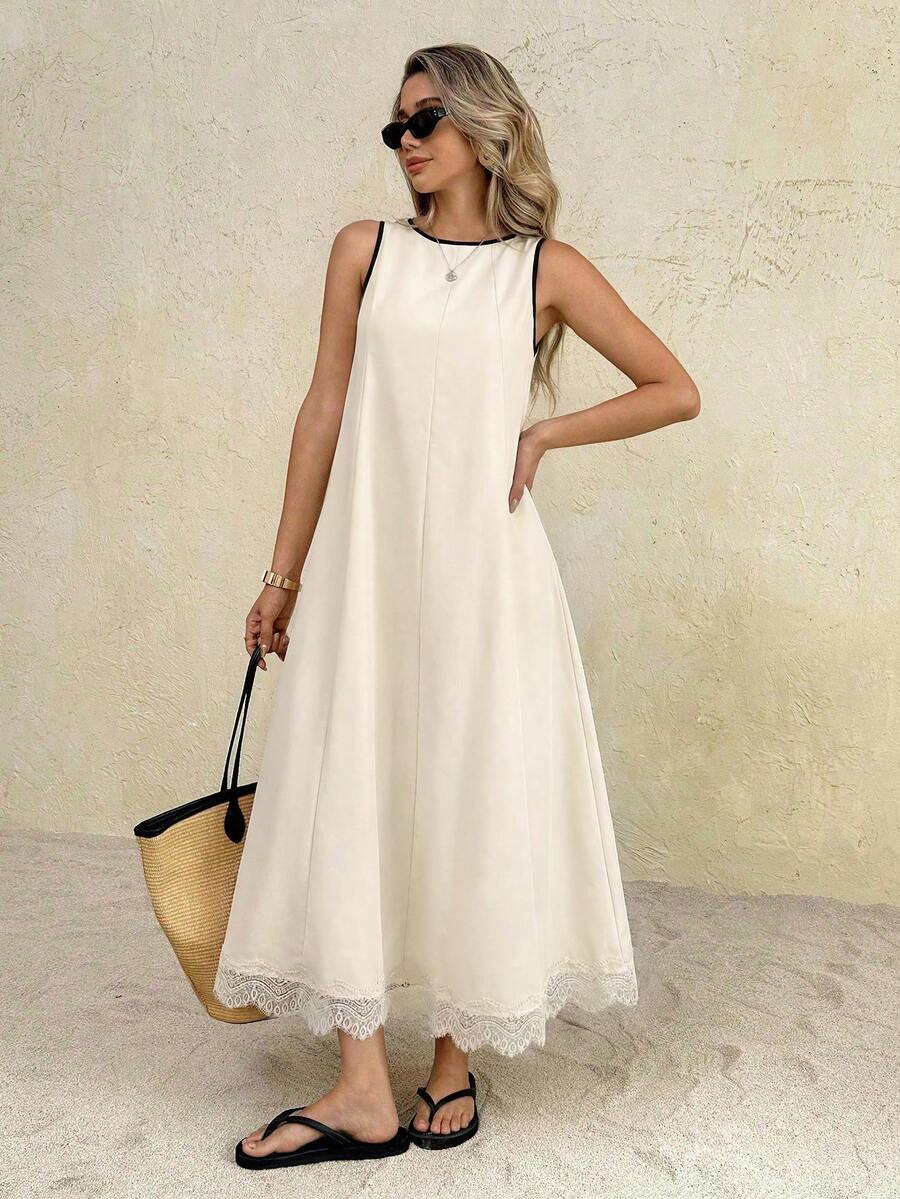 SHEIN Frenchy Women's Casual Loose Sleeveless Round Neck Long Dress, Suitable For Vacation,French Minimalist Sleeveless Dress With Lace Trim,A Flowing, Umbrella-Shaped Hemline, This Elegant Resort Maxi Dress Is A New Summer Style,Contrasting Trim Design,Picnic Dress,Vacation Dresses,Summer Dresses For Women,Elegant Dresses For Party,Beach Outfits, Beach Vacation Outfits For Women,Holiday Outfits For Women,Summer Outfit For Women,Summer Clothes, Cute Summer Dress, Vacation Dress Women, Lovely Dress, Summer Dress Women, Trending Dress For Women, Latest Dress For Women New Arrivals - Apricot - View 1