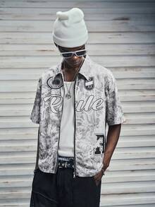 Modcrash 男士蓝色油画向日葵、字母和飞马印花拉链衬衫 - 彩色 - 查看 4