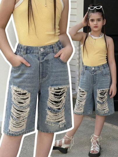 Genkimix Kids Quần short Bermuda denim cho bé gái tuổi teen, màu xanh lam bạc màu kiểu vintage, chất liệu denim không co giãn với nhiều chi tiết mài mòn và bạc màu, thiết kế cạp chun, phù hợp với phong cách đường phố, thường ngày, lý tưởng cho mùa xuân/hè, mặc hàng ngày, trượt ván, đi chơi với bạn bè.