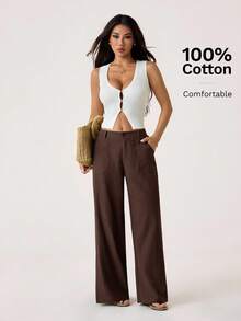 SHEIN PETITE 100% 水洗棉低腰直筒裤 - 咖啡棕 - 查看 8