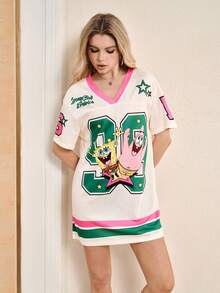 SpongeBob SquarePants | SHEIN 女士V领卡通印花休闲度假日常短裙 - 杏色 - 查看 3