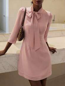 Women's Patchwork Bow Tie Waist Short Dress Sundress - Baby Pink - View 6