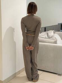 IamThia Damen Lässig Homewear Pyjama Set, beinhaltet gestreiftes Crew Neck Langarm T-Shirt und weite gestreifte gerade Hose, geeignet für den täglichen Gebrauch, Sport, Herbst/Winter - Braun - Übersicht 2