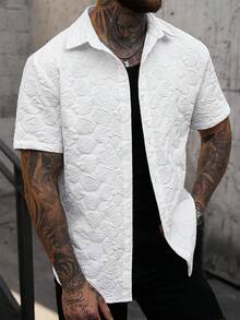 SLATEMANN Men's Floral Jacquard Single-Breasted Casual Short Sleeve Shirt - White - View 3