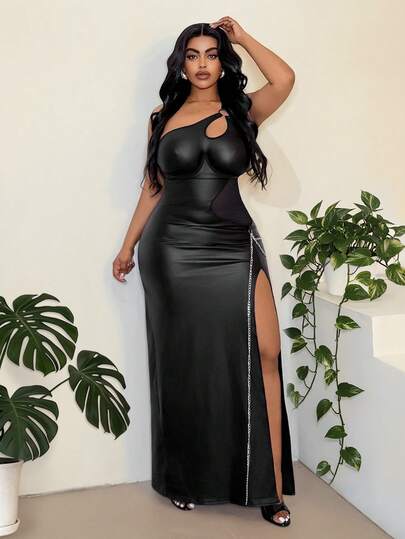 NU&NOW Plus Size Women's Black Faux Leather Sexy Hollow Out Bandage Casual French Style Elastic Knit Versatile Comfortable Slip Dress, Suitable For Spring/Summer