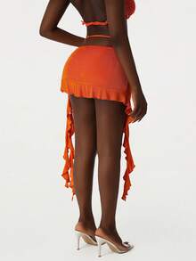 Amplova 2026 Low Waist 3D Floral Asymmetrical Hem Mini Skirt - Orange - View 2