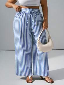 Hourglow Plus Size Casual Striped Drawstring Loose Pants Vacation Pants Woman Women Bottoms Summer Pants, For Hourglass Body Shape - Multicolor - View 12